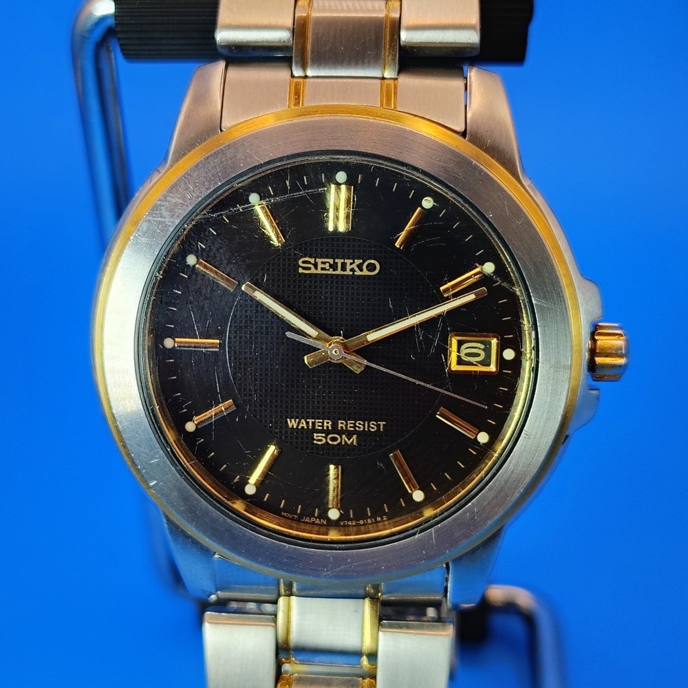 Vintage 1991 Seiko V742-8119 Date Two Tone 38mm Mens Quartz Watch Fully Restored